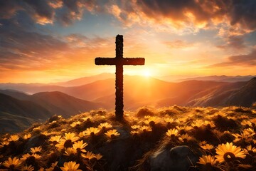 Create an AI-generated wallpaper capturing the essence of sunrise on Easter Sunday, with a cross in the background, representing the religious significance of the day.