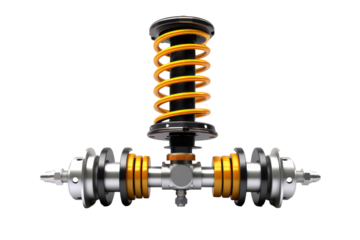 A detailed close up of the front suspension system of a car, featuring the various components and mechanisms, isolated. on a White or Clear Surface PNG Transparent Background.