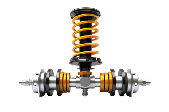 A detailed close up of the front suspension system of a car, featuring the various components and mechanisms, isolated. on a White or Clear Surface PNG Transparent Background.