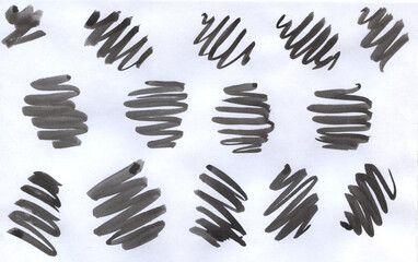 A set of ink spots, zigzags and black lines. abstract graphic doodles, black ink background
