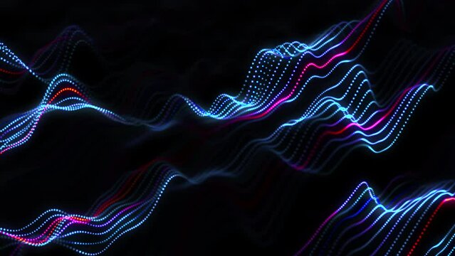 Glowing dotted lines on waving virtual surface. Abstract concept of digital soundwaves, artificial intelligence or business data analysis. 4K looped animation of 3D bright waves on black background