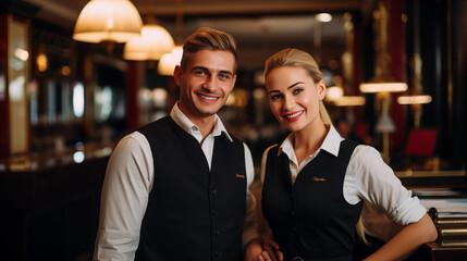 a backdrop of a stylish restaurant interior, a waiter and waitress pose for a portrait, their smiles bright and genuine