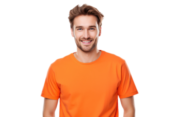 A man wearing an orange shirt smiles directly at the camera, showcasing his cheerful expression. on a White or Clear Surface PNG Transparent Background.