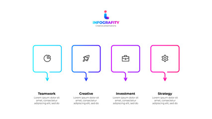 Outline infographic design template. Progress diagram with 4 square elements. Concept of startup development four steps