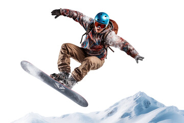 A man effortlessly soars through the air while performing tricks on a snowboard. on a White or Clear Surface PNG Transparent Background.