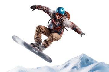 A man effortlessly soars through the air while performing tricks on a snowboard. on a White or Clear Surface PNG Transparent Background.