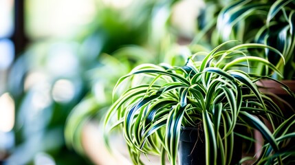  A close-up of a healthy spider plant with vibrant green and white leaves in a dark pot, backlit by soft natural light. Wallpapers, Backgrounds for eco-friendly or gardening blogs  - obrazy, fototapety, plakaty