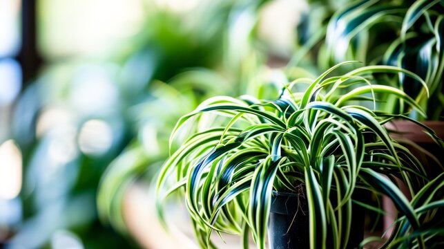 A close-up of a healthy spider plant with vibrant green and white leaves in a dark pot, backlit by soft natural light. Wallpapers, Backgrounds for eco-friendly or gardening blogs 