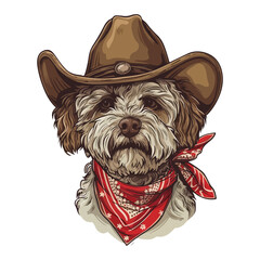 Maltipoo dog Head wearing cowboy hat and bandana around neck