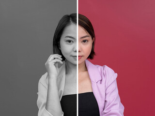 Difference between grayscale and full color photos. Split image comparison of desaturated image on...