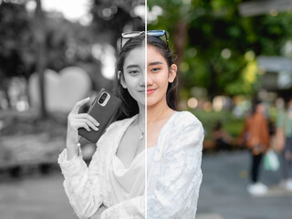 Difference between grayscale and full color photos. Split image comparison of desaturated image on...
