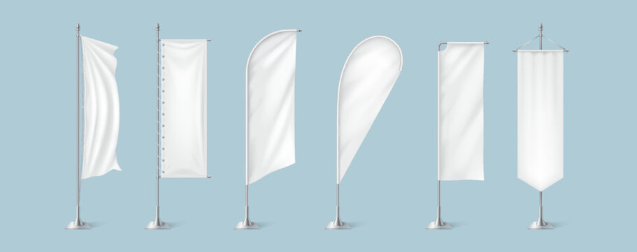 Textile table flags templates realistic vector illustration set. Fabric advertising banners on metal poles 3d models on blue background. Promo mockups