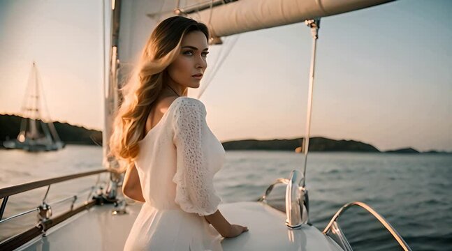 Beautiful young woman in white dress relaxing on luxury yacht. Traveling and yachting concept.