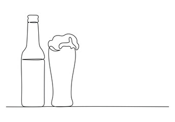 Bottle and glass with beer continuous one line drawing vector illustration. Premium vector - obrazy, fototapety, plakaty