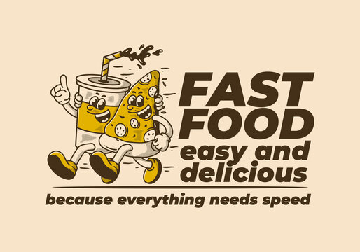 Fast food, easy and delicious. Character illustration of running pizza and soft drink