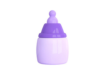 Violet baby bottle with nipples for feeding newborns side view isolated. 3d baby icon. Element of child motherhood care. Cartoon vector illustration realistic style