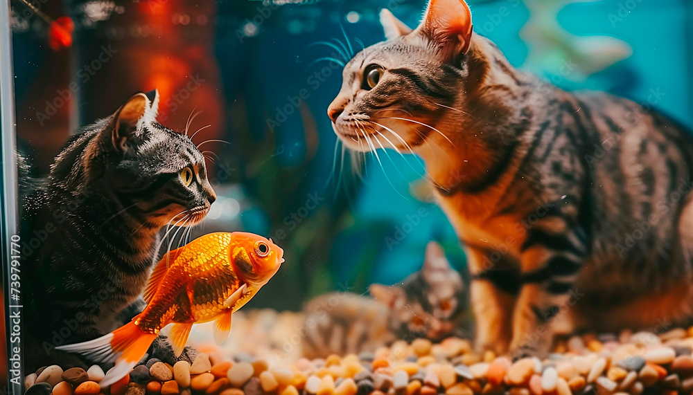 Wall mural cute tropical gold fish in an aquarium, two cats watching the fish, modern living room - Wall murals