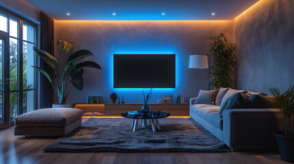 Modern living room at evening with led light
