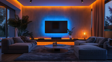 Modern living room at evening with led light