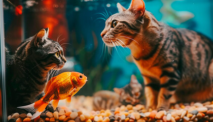 cute tropical gold fish in an aquarium, two cats watching the fish, modern living room