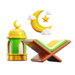 read quran with traditional lantern lamp and crescent moon for ramadan activity holy month 3d icon illustration render design