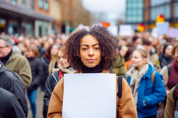 
Photograph a person of mixed race, aged 30, holding a banner at a demonstration for racial justice and equality - obrazy, fototapety, plakaty
