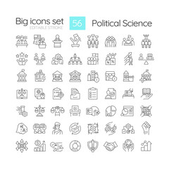 Political science linear icons set. Branch government structure. Social institutions regulation, democracy. Customizable thin line symbols. Isolated vector outline illustrations. Editable stroke - obrazy, fototapety, plakaty