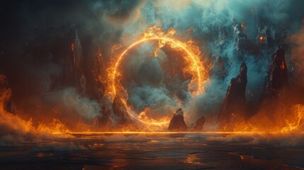 The mystical convergence of fire and water, the dance of the elements. A ring of fire illuminates the dark abyss, casting an ethereal glow that emphasizes the stormy waves below