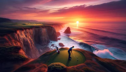 Photo sur Aluminium Corail Golf course during sunset. A golfer teeing off off a cliff with a vast ocean beyond. The setting sun dips into the sea, painting the sky in vibrant shades of orange, pink and purple.