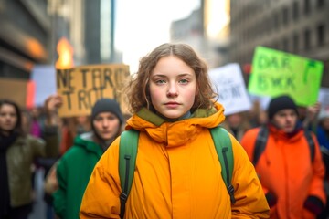 
Photograph a young European girl, aged 17, holding a sign at a demonstration for climate action and environmental justice.