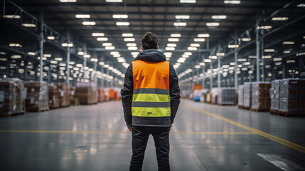 Fototapeta premium the vast expanse of an aircraft factory floor, a man is observed from the back, clad in a protective vest. The scene captures the contrast between the human presence and the mechanical surroundings