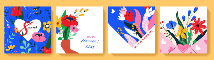 Obraz premium Happy Women's Day greeting square card set. Cute spring backgrounds with flowers, leaves, plants. Colorful vector templates for social media post, banner design, web internet ads.