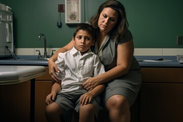 Mom supports her little son who is afraid of seeing a doctor in a hospital office