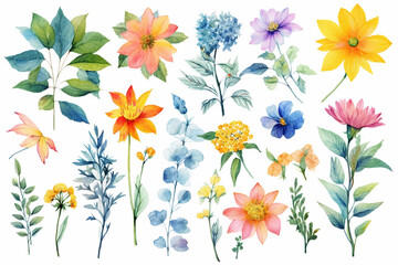 A set of flowers and plant elements on a white background.