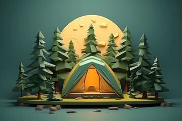 Artistic Wooden Camping Scene with Tent and Campfire - Generative AI