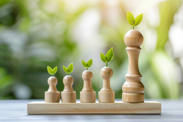 Chess pieces arranged on a wooden chessboard in a garden amidst sprouting plants, symbolizing strategy and competition in the game of chess