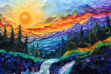 Fototapeta na wymiar Paper quilling painting Sunset in the mountains: contour stripes - a mountain river waterfall, part of the sky, 3D volumetric quilling forest on the mountain slopes, corrugated quilling flowering mead