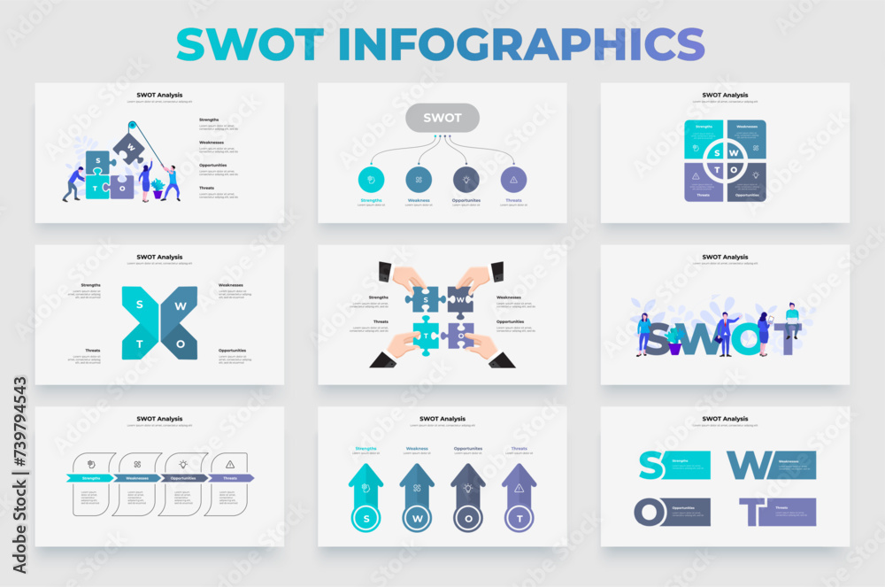 Poster set of swot infographic templates for business presentation. abstract diagrams and flat illustration