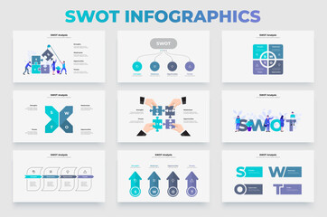 Set of SWOT infographic templates for business presentation. Abstract diagrams and flat illustrations