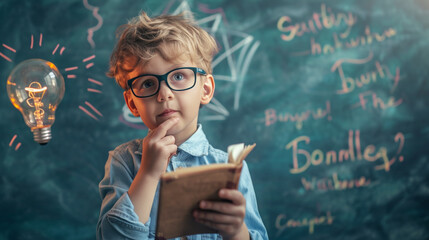 Smart student thinking in a classroom with a blackboard - obrazy, fototapety, plakaty