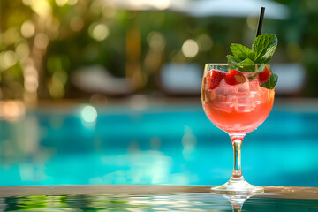 Refreshing summer drinks with ice cubes and fruits with swimming pool background, summer vacation, holiday vibe