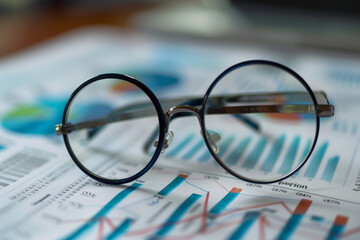 Glasses resting on newspaper beside business-related items