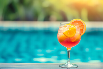 Refreshing summer drinks with ice cubes and fruits with swimming pool background, summer vacation, holiday vibe