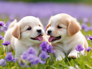 two cute golden retriever puppies playing in the lavender flower field