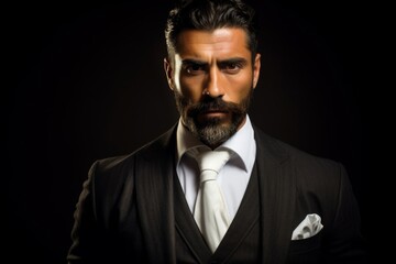 Fototapeta premium Elegant close-up capturing the distinguished full beard and finely arched mustache of a Hispanic gentleman, the facial hair exuding charisma and grace, against a soft and diffused background