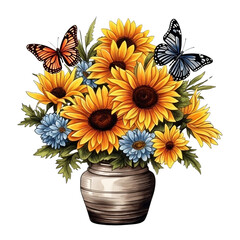 Watercolor Sunflwers in pot and butterflies Sprin transformed.flowers png