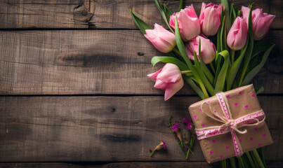 Spring Pink Tulips Bouquet and gift on Wooden Table