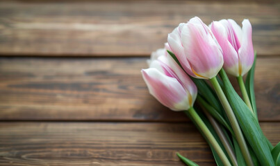 Spring Pink Tulips Bouquet on Wooden Table