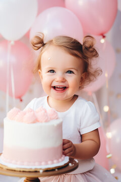 Cake Smash party. Little birthday girl with first cake. Happy infant baby celebrating first birthday. Decoration, photo zone first year. One year baby celebration