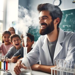 A chemistry teacher laughing together with his students after a wrong or failed experiment leaves...